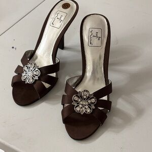 Boutique Brown Satin Heeled Mules with Crystal Flower